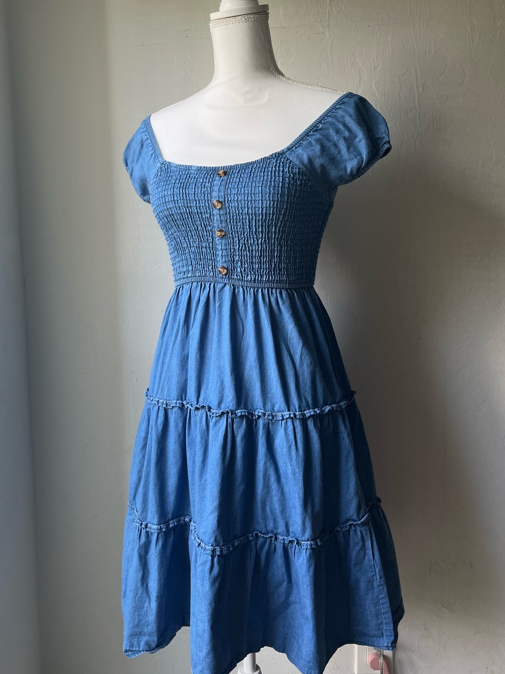 Blue Smocked Tiered Midi Dress with Button Front